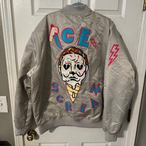 RokuStudio 'Ice Scream' Silver Satin Bomber Jacket Size 2XL XXL RARE NWOT $118
